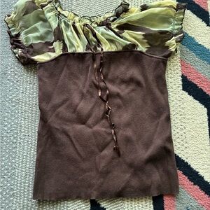 dressbarn Brown Knit Camisole with Olive Floral Chiffon Yoke
